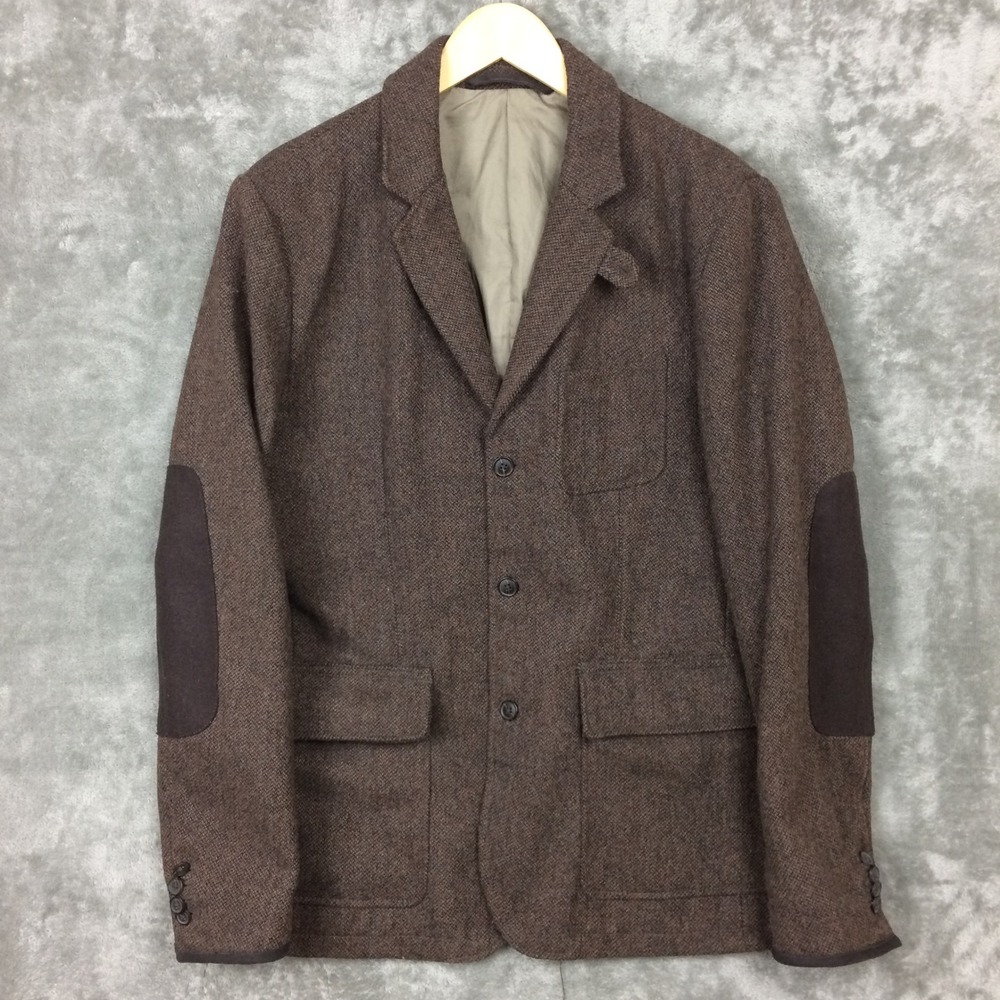 H&M L.O.G.G. Blazer Mens L Brown Wool Blend Elbow Patches Tweed Style Sport Coat